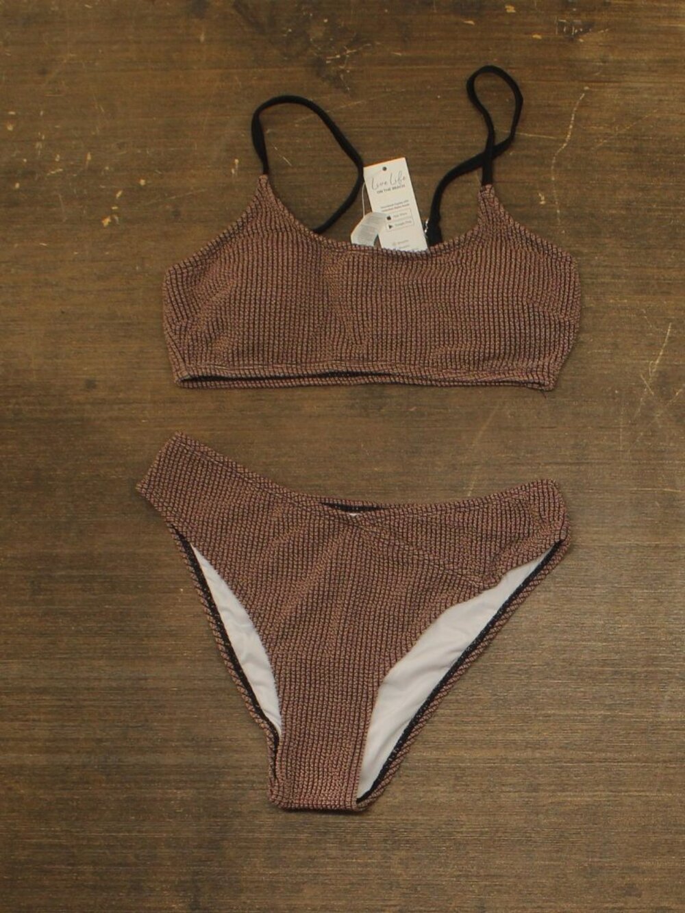 Cupshe Brown Rib Scoop Neck Swim Top Hipster Bikini Set S Sz S